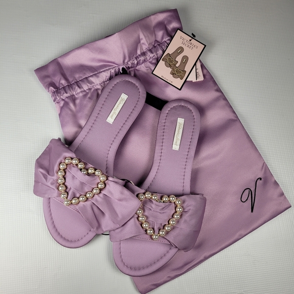 NWT Victoria's Secret Embellished Satin Bow Slide Pearl-Heart Lavander M (8-845) - Picture 1 of 10